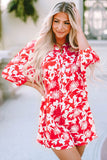 Floral Print Puff Sleeve Split Neck Babydoll Mini Dress