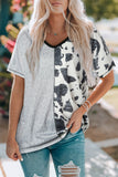 Stripes & Cow Print Contrast V Neck Tee