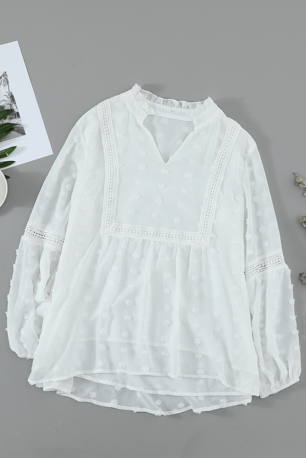 Ruffled Split Neck Lace Hollow Out Puff Sleeve Polka Dot Blouse