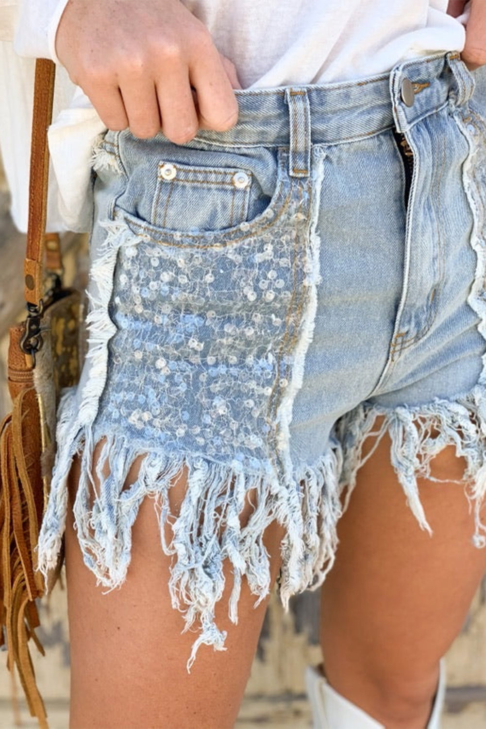 Sequin Pannel Frayed Tassel Hem Denim Shorts