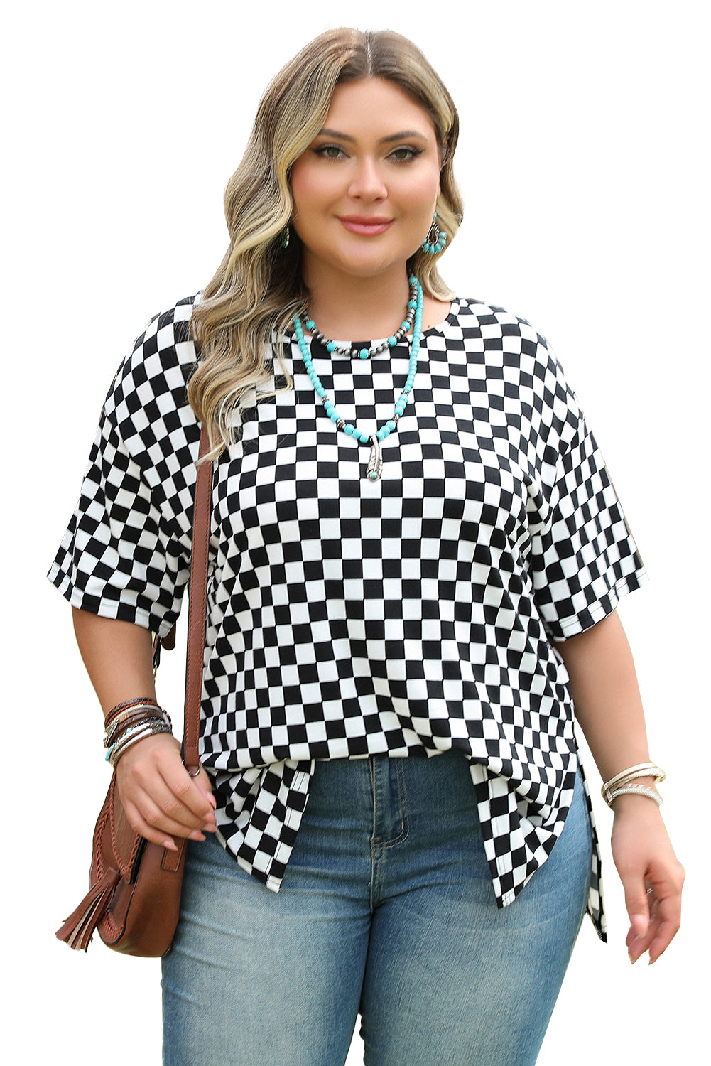 Black Checkered Print Side Slits O Neck Plus Size T Shirt