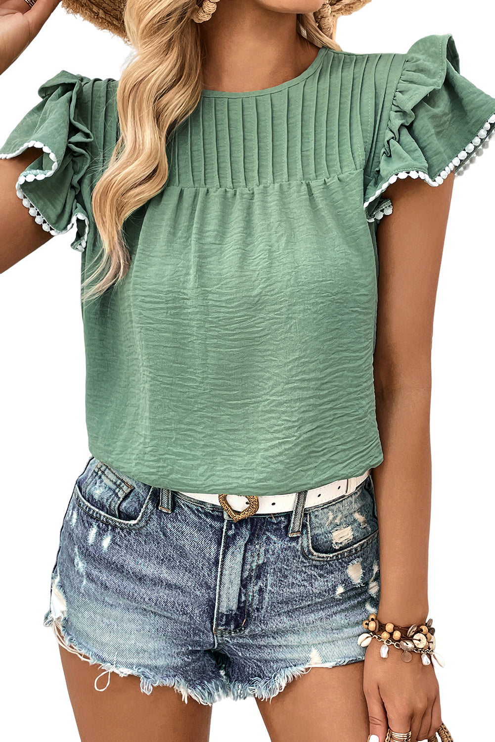 Pleated Pom Pom Trim Ruffled Sleeve Blouse