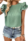 Pleated Pom Pom Trim Ruffled Sleeve Blouse