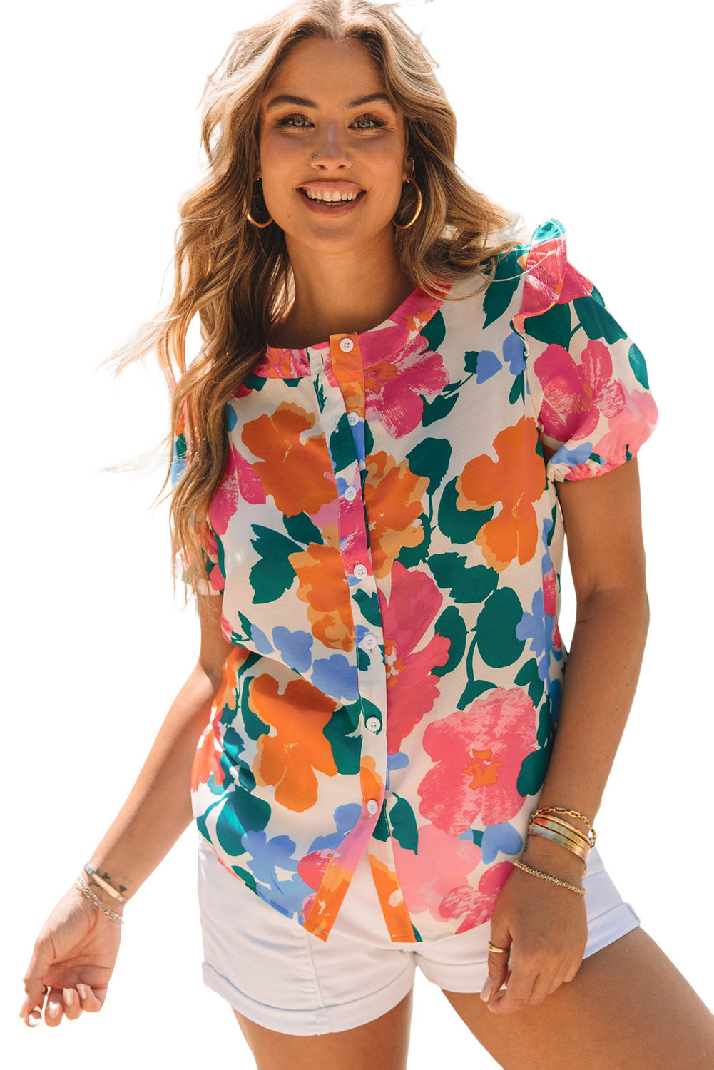 Chemise multicolore à manches bouffantes et bordure à volants à imprimé floral