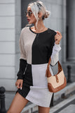 Black Ribbed Color Block Drop Shoulder Long Sleeve Mini Dress