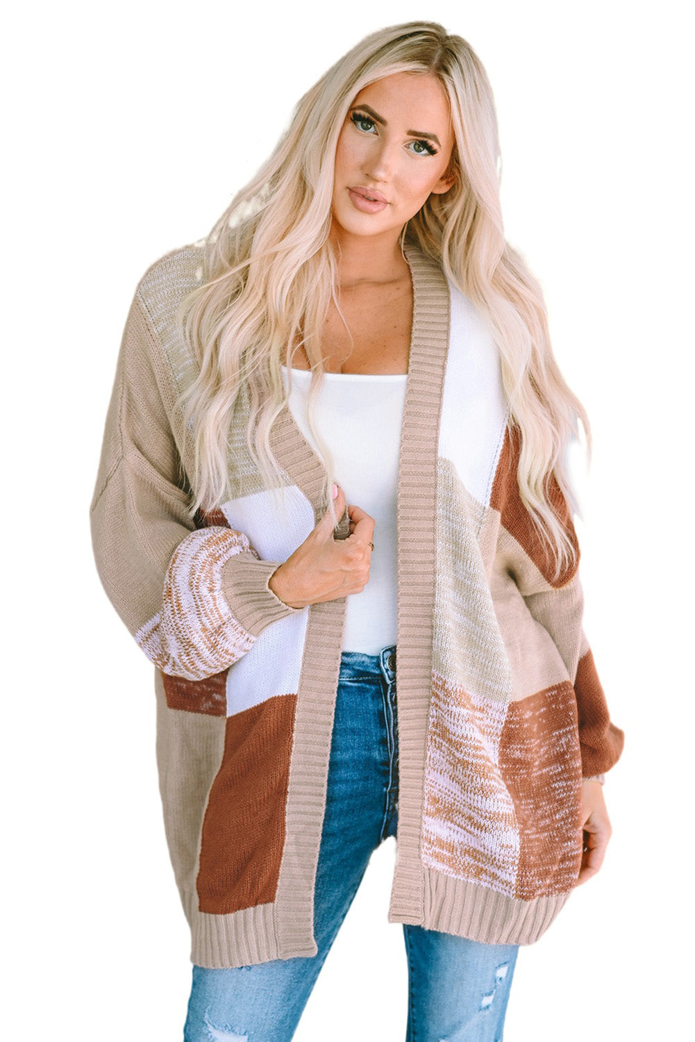 Checkered Pattern Open Front Drop Shoulder Slouchy Cardigan