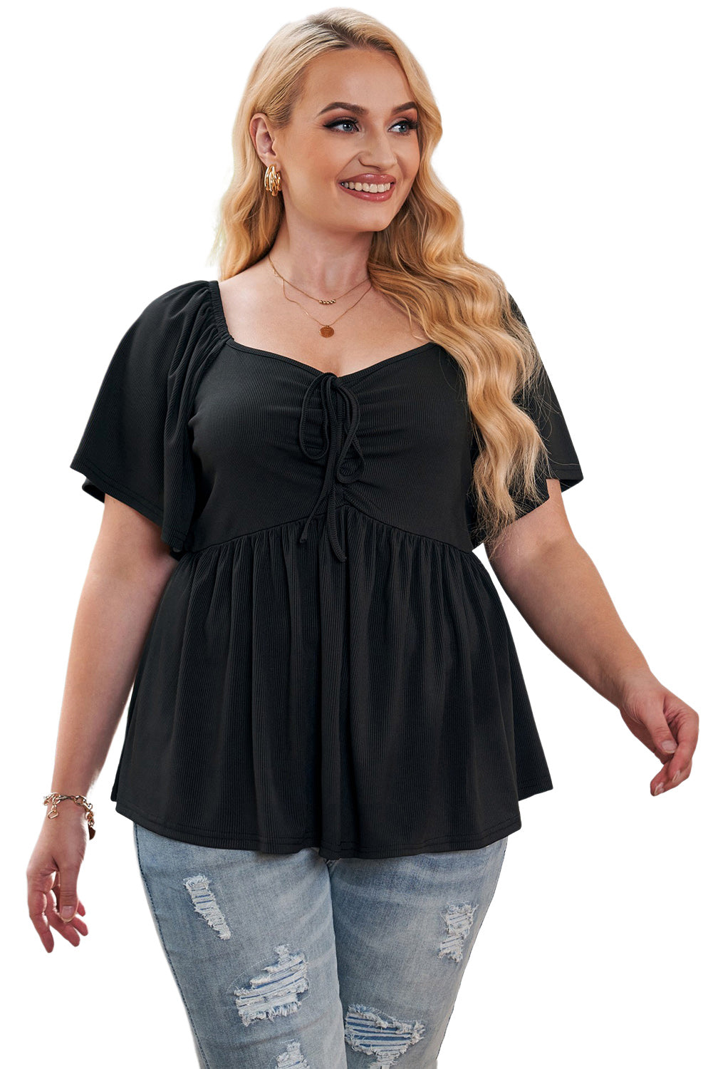 Haut babydoll noir froncé sur le devant de grande taille