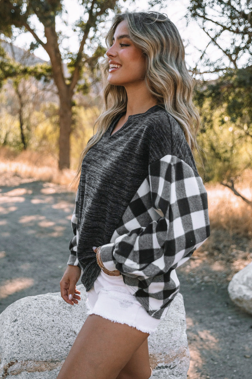 Buffalo Plaid Splicing Split Neck Knit Top