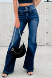 Buttons Elastic Wide Waistband Back Flare Jeans