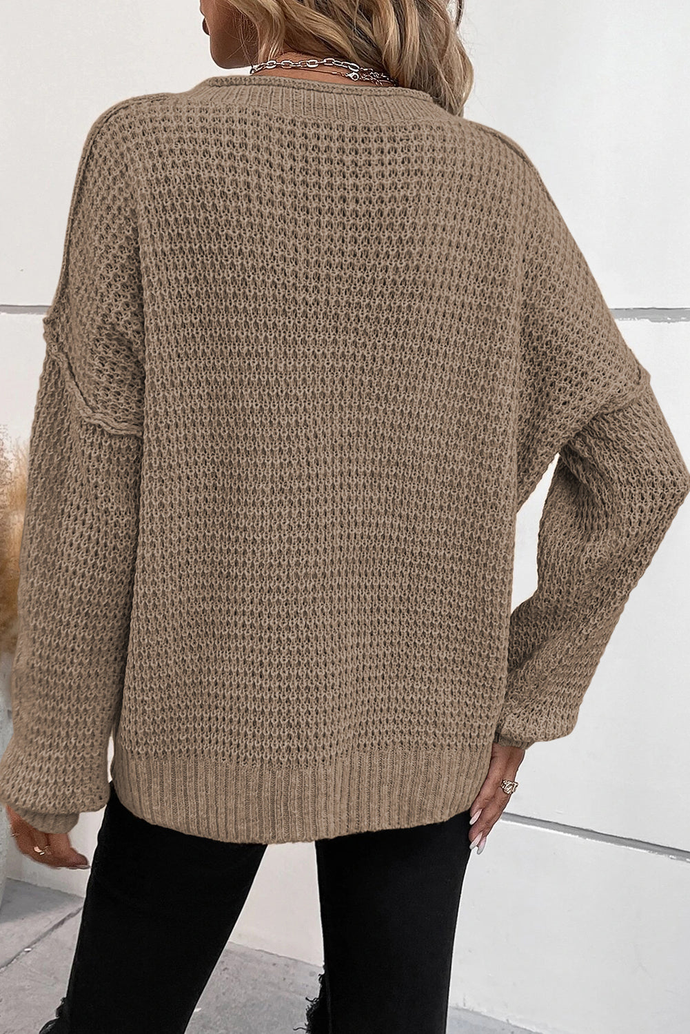 Khaki Pointelle Knit Button V Neck Drop Shoulder Sweater