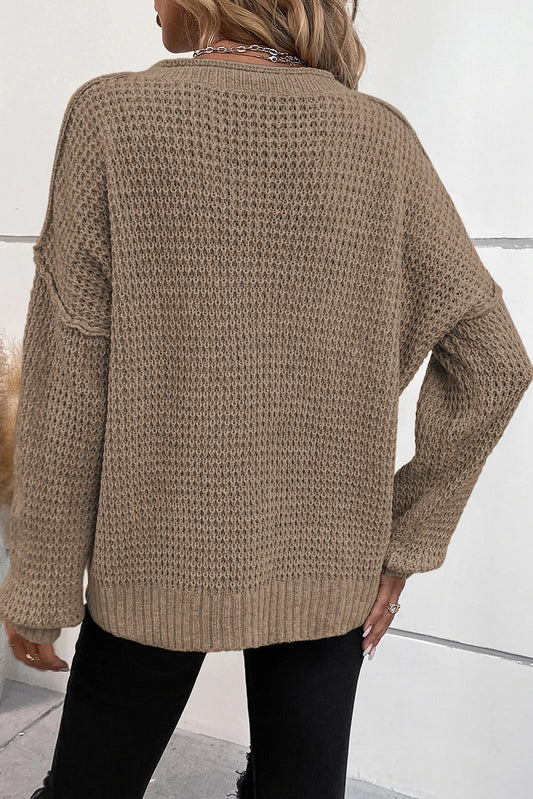 Khaki Pointelle Knit Button V Neck Drop Shoulder Sweater