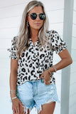 Leopard Notch Neck Bubble Sleeve Blouse