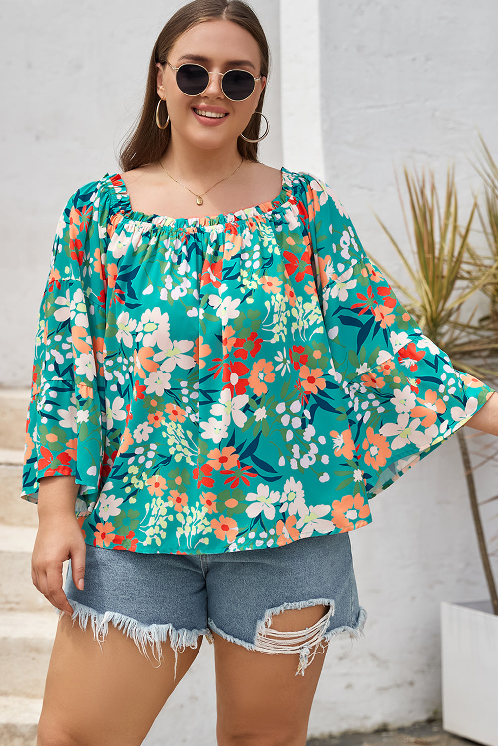 Floral Print Frilled Off Shoulder Plus Size Blouse