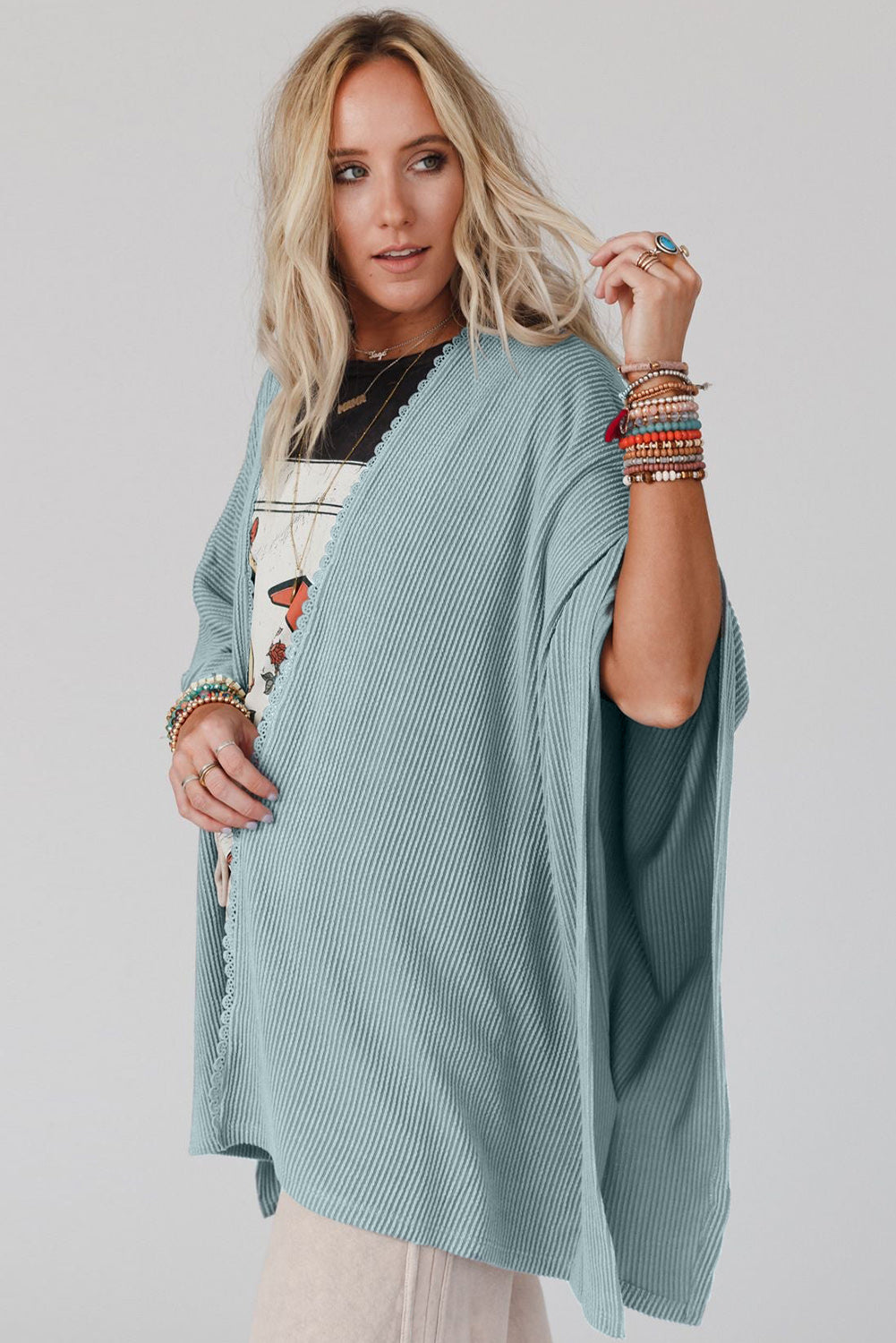 Lace Trim Ribbed Oversize Kimono