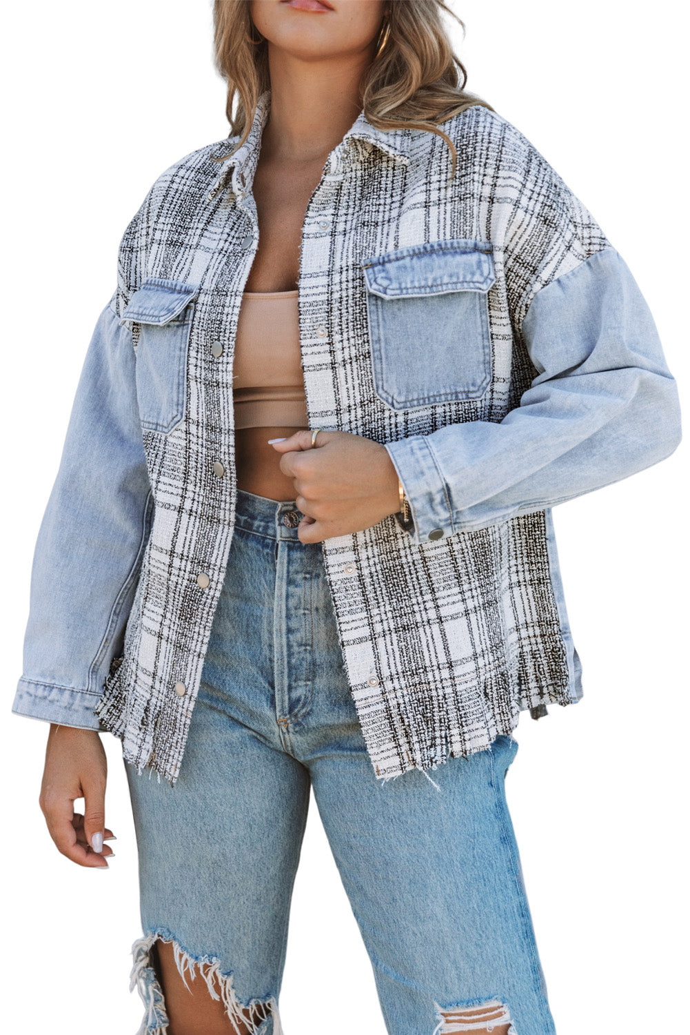 Plaid Patchwork Fringed Flap Pockets Denim Jacket