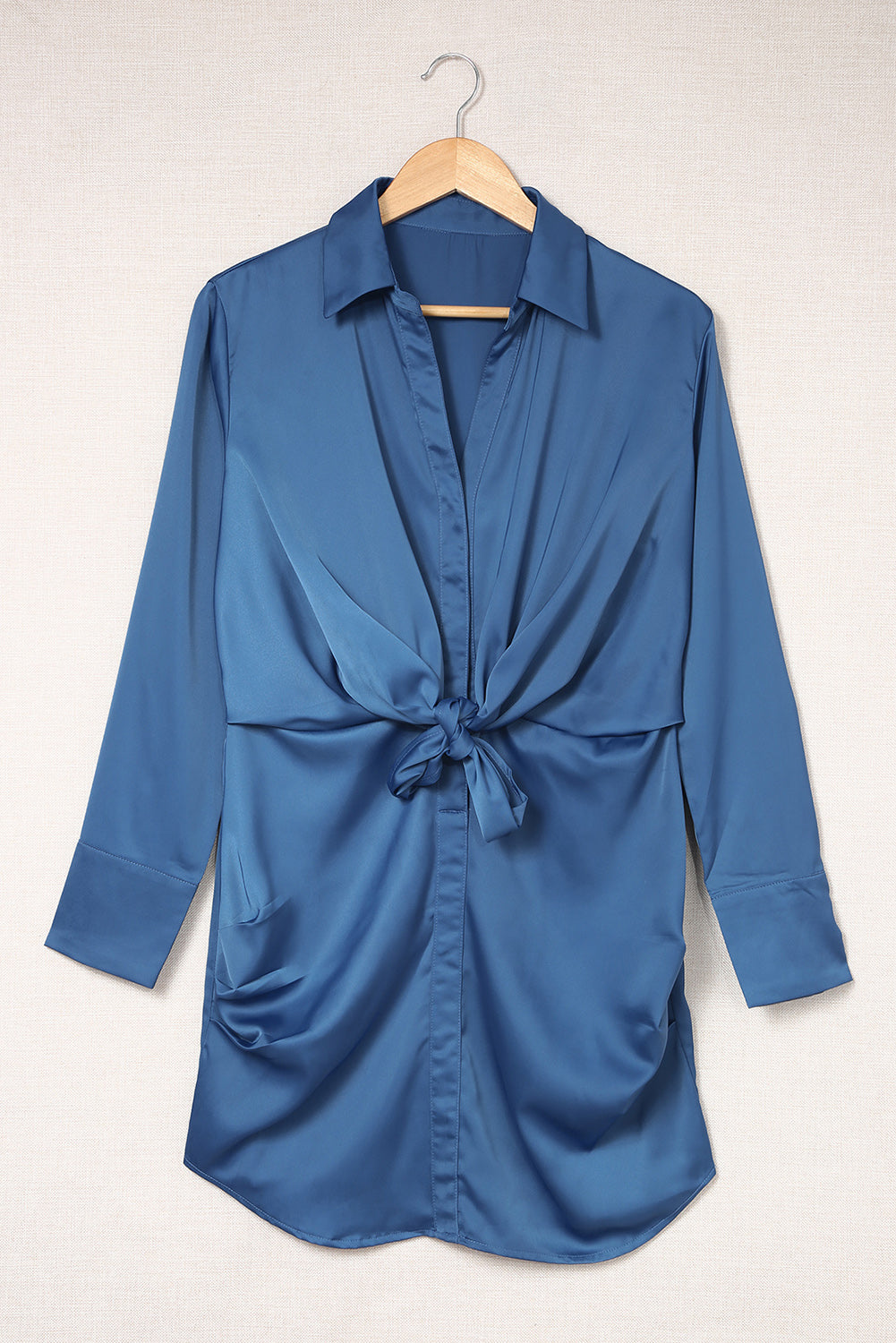 Ruched Front Tie Buttoned Long Sleeve Shirt Dress