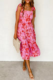 Pink Tie Shoulder Straps Tiered Floral Dress