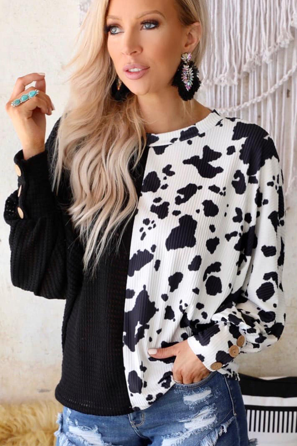 Cow Patchwork Waffle Knit Long Sleeve Top