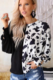 Cow Patchwork Waffle Knit Long Sleeve Top