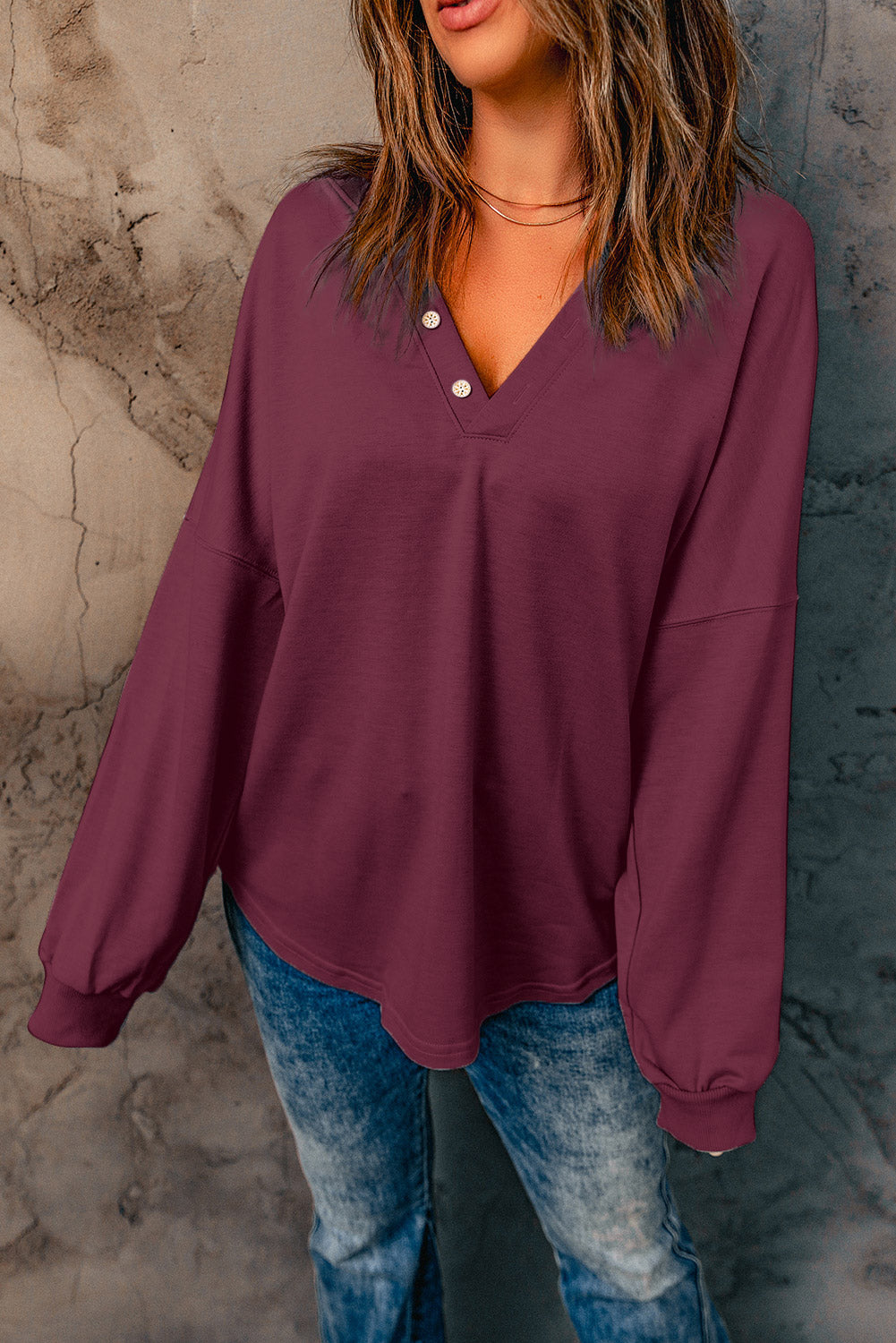 Black Buttoned V Neck Cotton Loose Fit Top