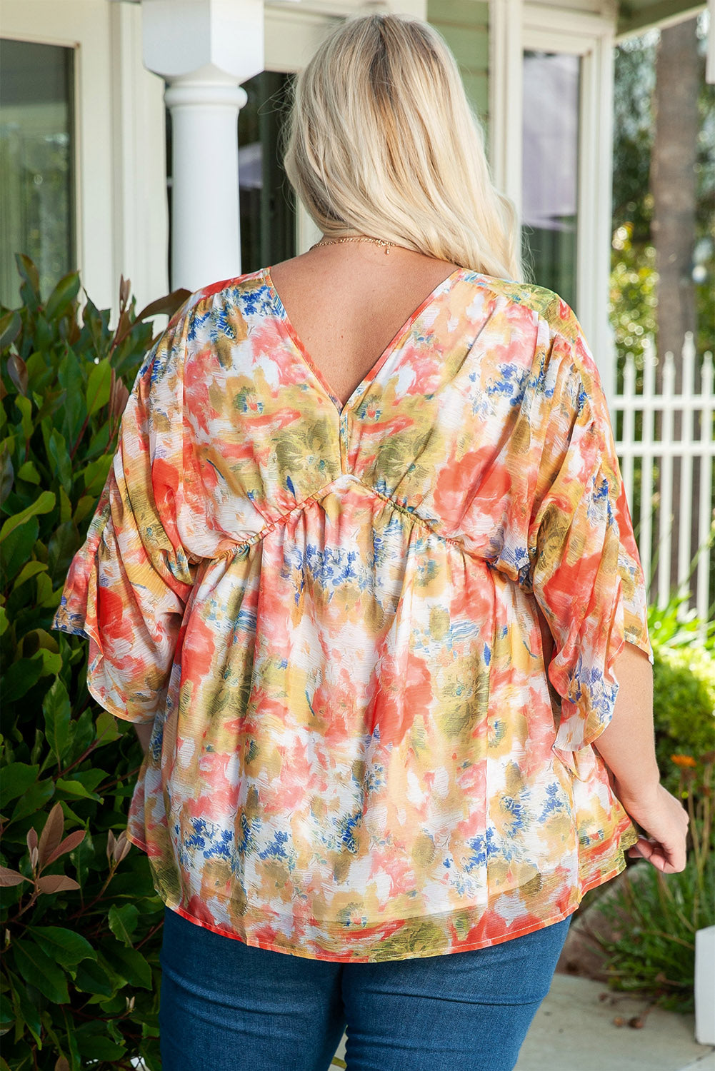 Abstract Print Drape Sleeve V Neck Plus Size Babydoll Blouse