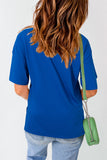 Dark Blue Longline Short Sleeve Side Slit Drop Shoulder Top