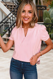 Pink Collared V Neck Puff Sleeve T-shirt