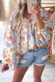 Floral Print V Neck Puffy Lantern Sleeve Blouse