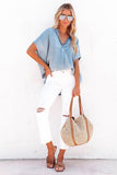 Split V-Neck Balloon Sleeve Ruched Denim Top