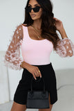 Butterfly Tulle Sleeve Square Neck Bodysuit