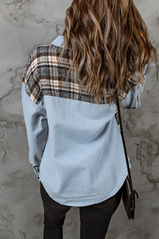 Plaid Patchwork Raw Hem Denim Jacket