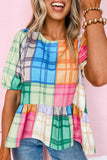 Bold Plaid Color Block Puff Sleeve Peplum Top