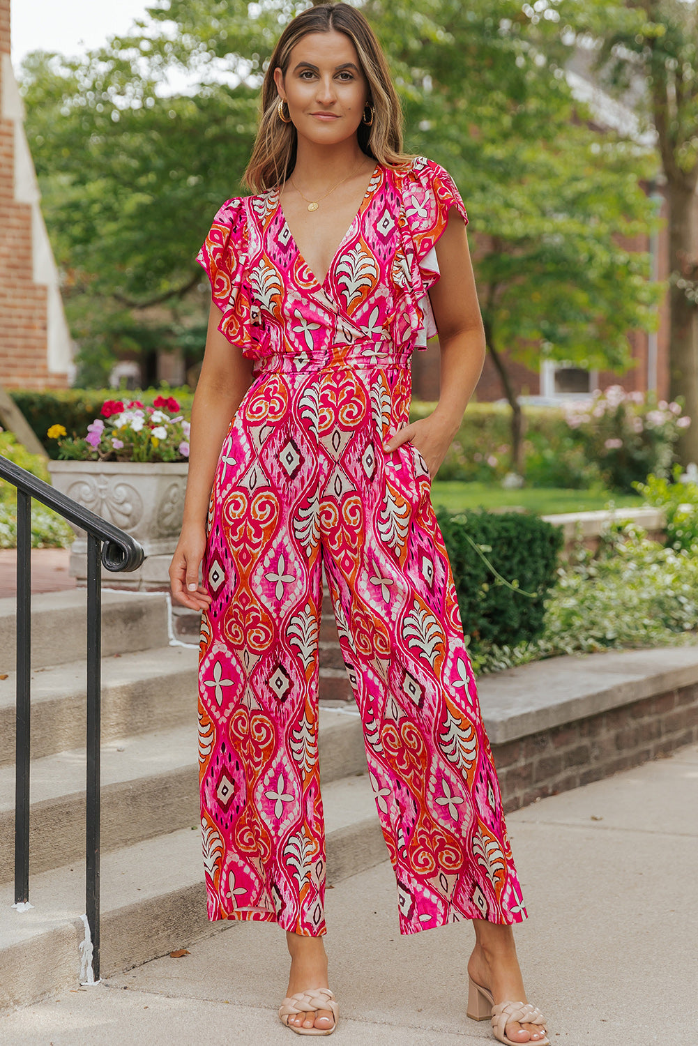 Rose Printed V Neck Button Open Back Wide Leg Jumpsuit