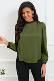 Color Block Bow Back Mock Neck Blouse