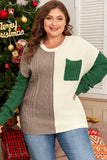 Mist Green Plus Size Cable Knit Color Block Drop Shoulder Sweater