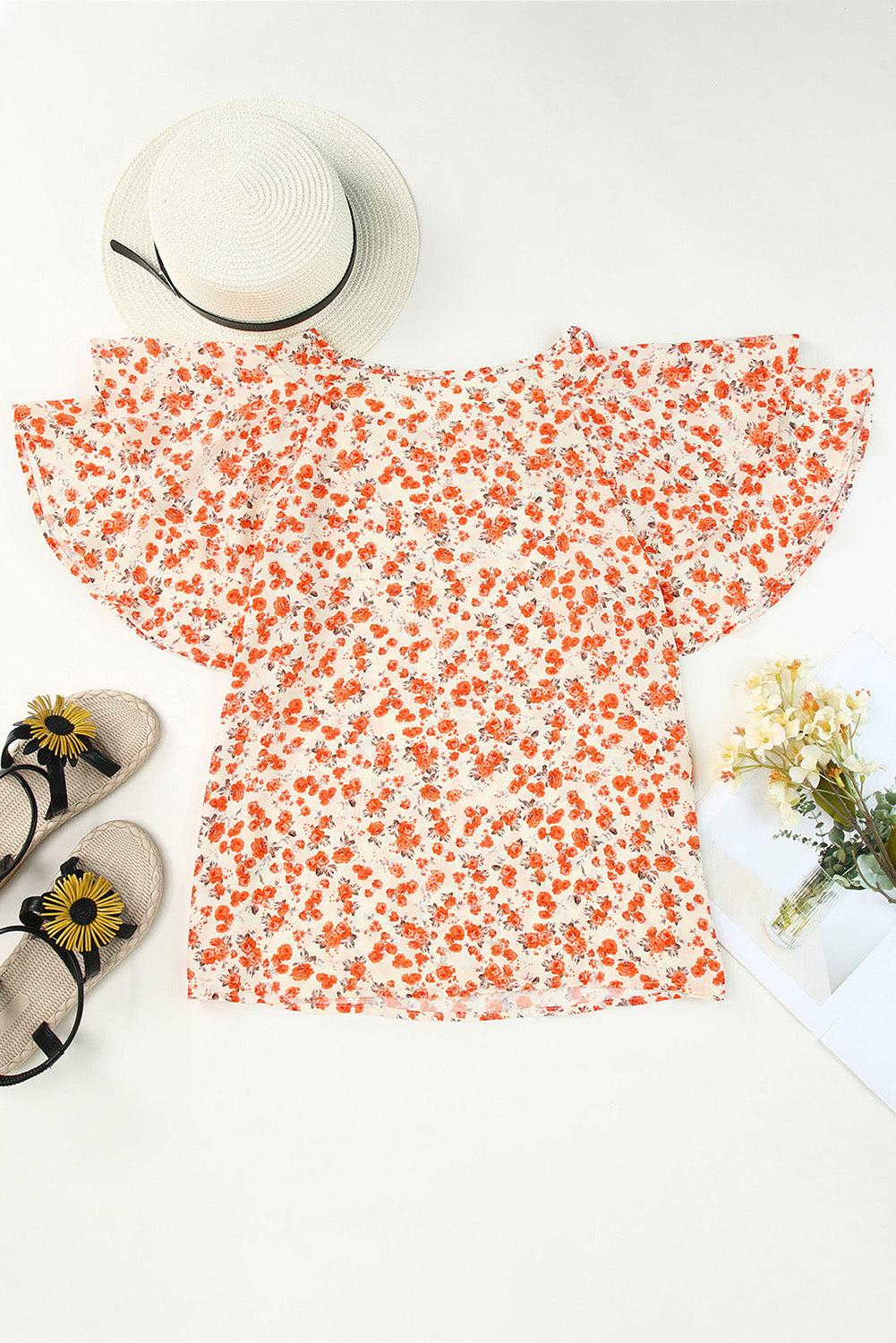 Floral Tiered Flutter Sleeve Blouse