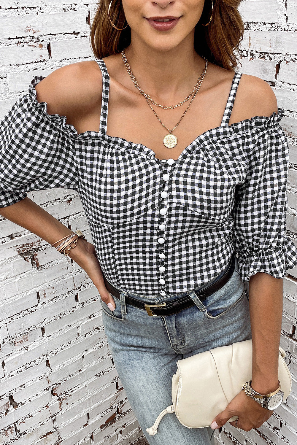 Sweetheart Gingham Button Down Cold Shoulder Blouse