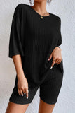 Black Plain Ribbed Loose Fit Two Piece Lounge Set