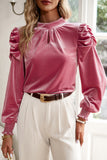 Red Mock Neck Puff Sleeve Velvet Blouse