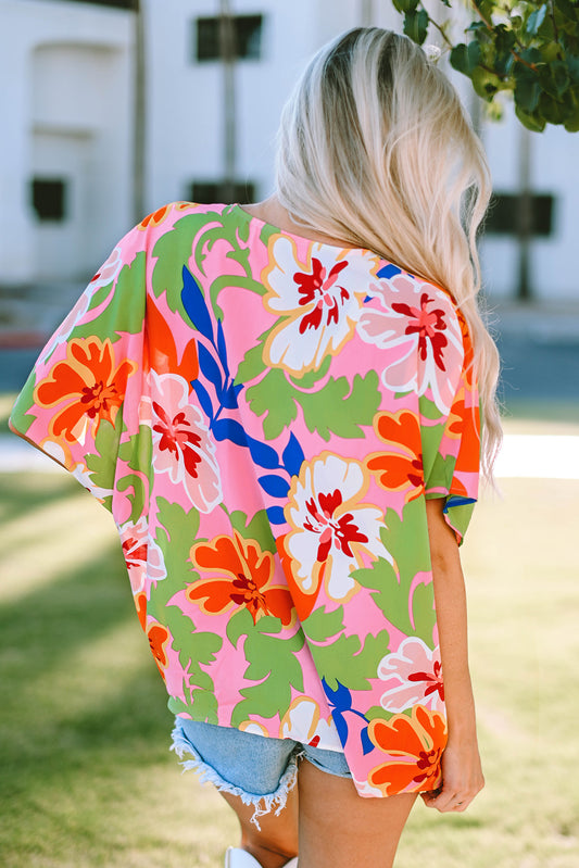 Floral Print Loose Fit V Neck Tunic Blouse