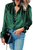 Green Frilled Neck Buttoned Front Velvet Top