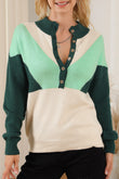 Green Geometric Color Block Knit Button V Neck Sweater