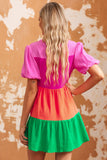 Crinkle Bubble Sleeve Color Block Blouse