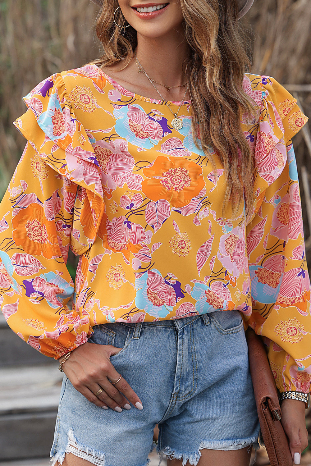 Fiery Red Floral Print Ruffle Puff Sleeve Blouse