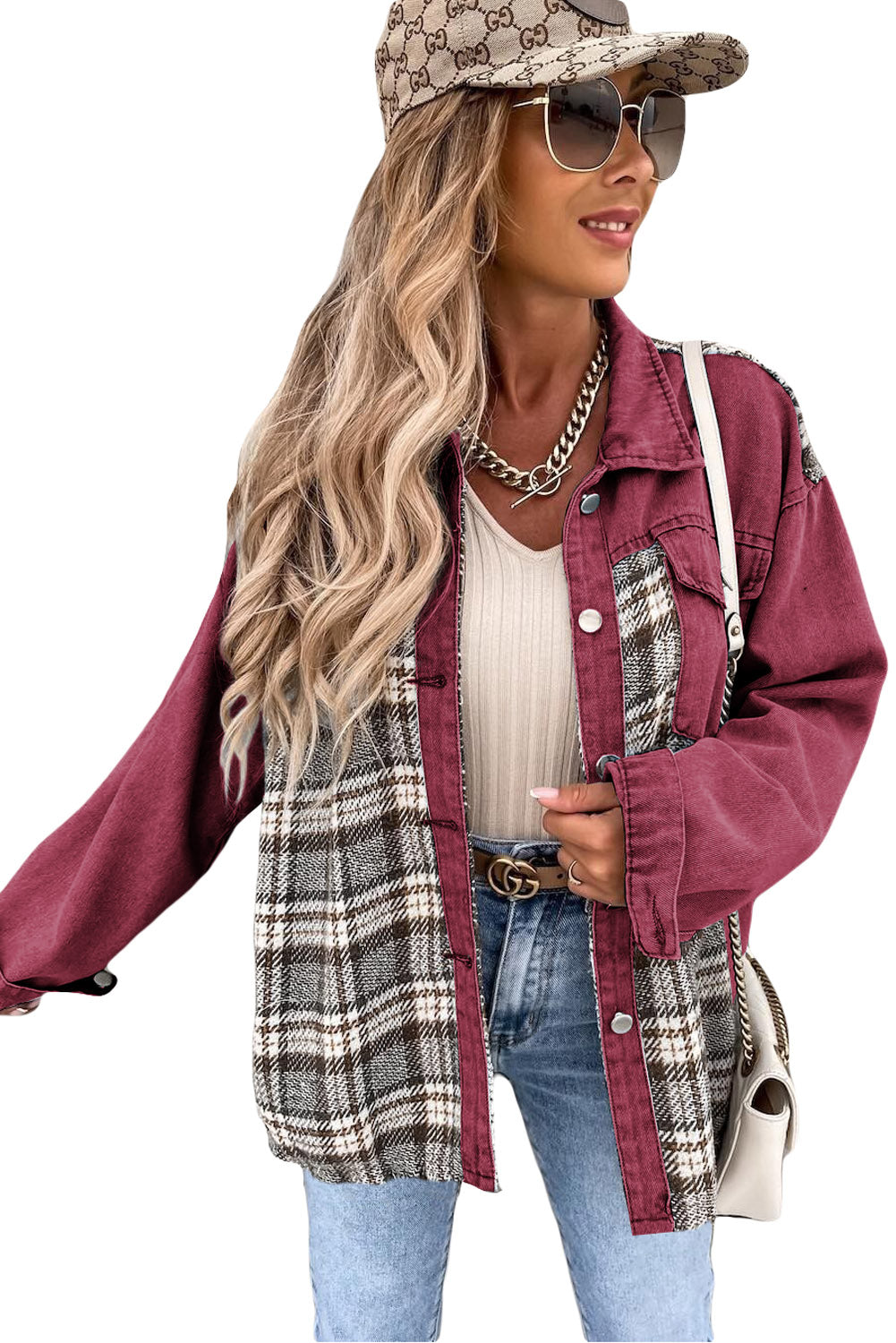 Brown Plaid Patchwork Pockets Denim Jacket