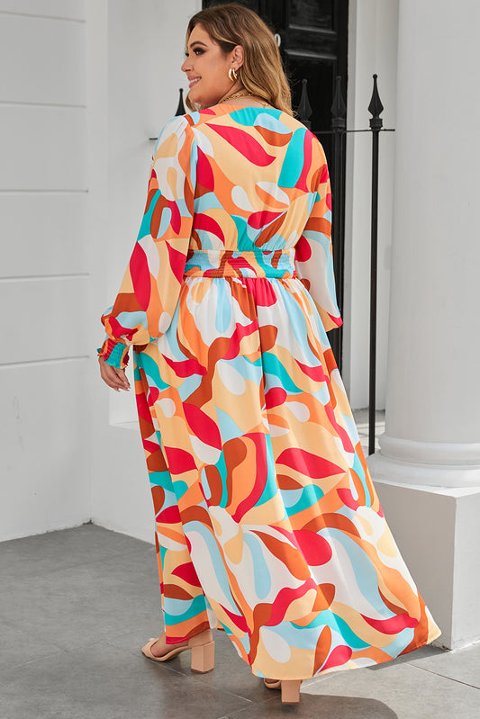 Plus Size Abstract Printed Bishop Sleeve Maxi Dress