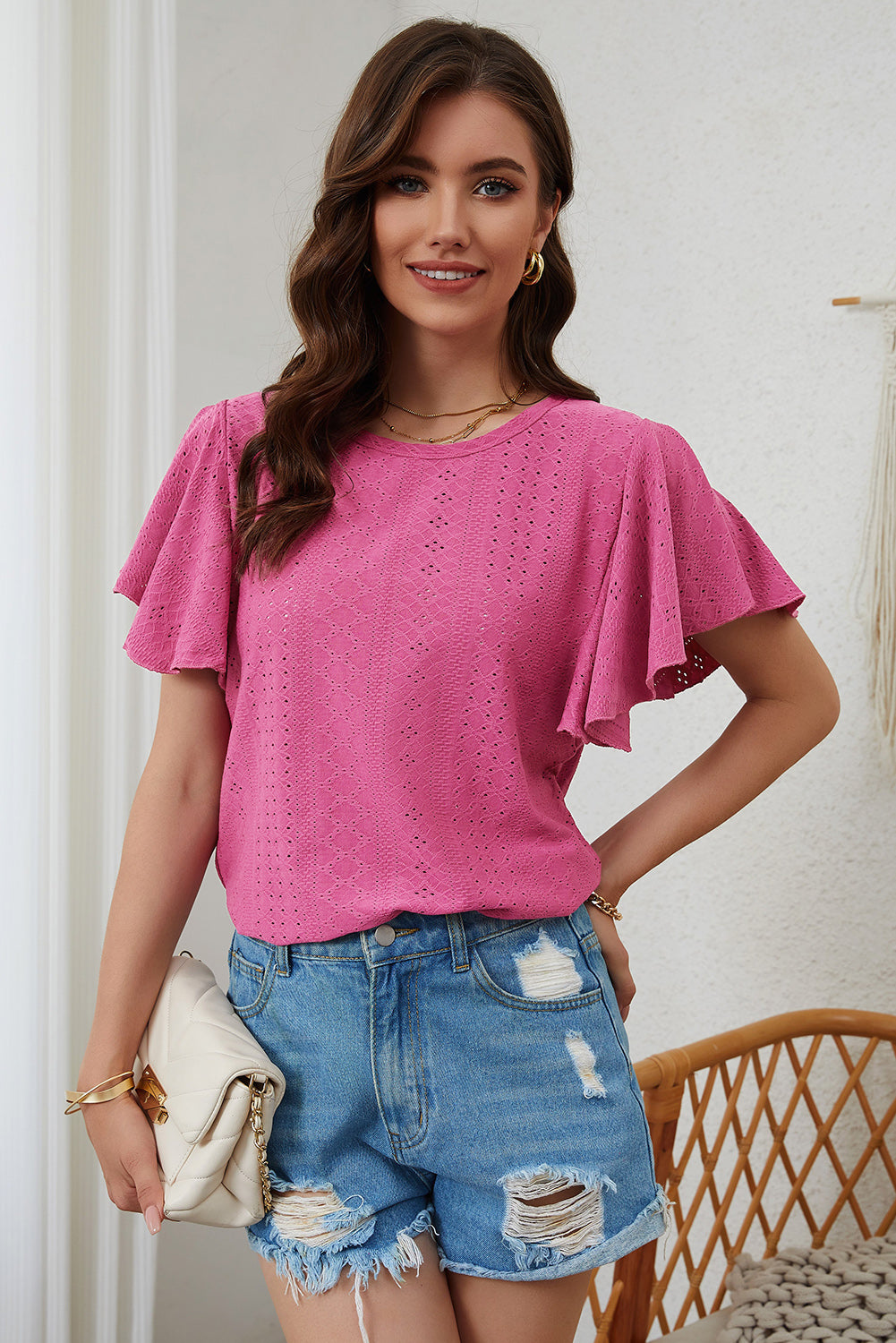 Flutter Sleeve Eyelet Textured Top