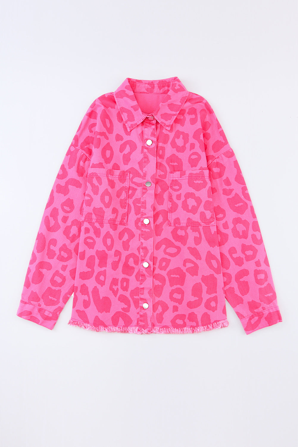 Plus Size Leopard Print Button Cuffs Raw Hem Jacket