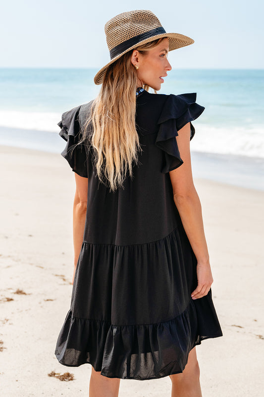 Black Floral Embroidered Tiered Ruffled Mini Dress