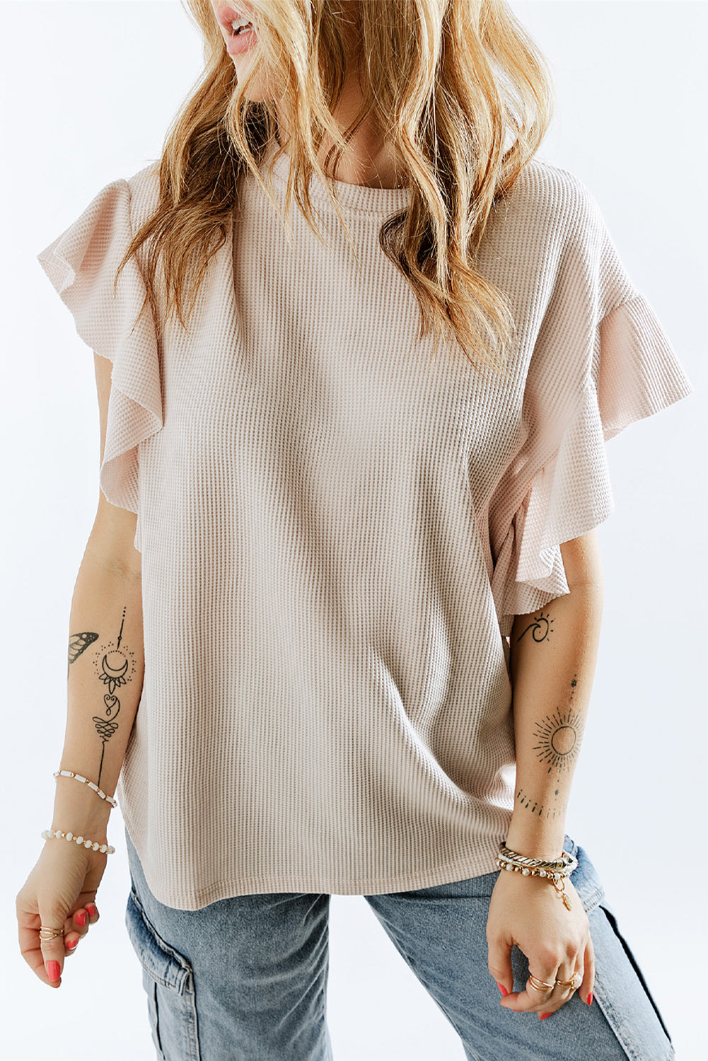 Ruffle Sleeve Waffle Knit Top